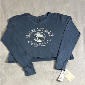 US VINTAGE Blue Long Sleeve Panama City Beach Crop Top